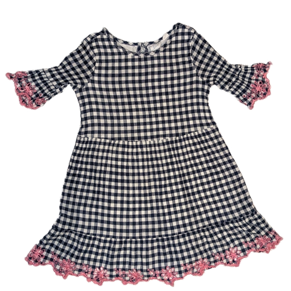 Charming Navy and White Checkered Kids Dress with Pink Accents